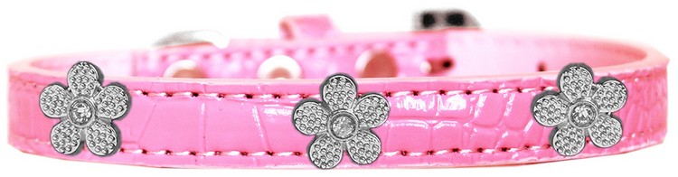 Silver Flower Widget Croc Dog Collar Light Pink Size 14